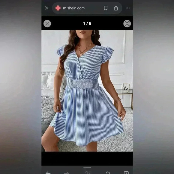 Striped Blue & White Flutter Sleeve Dress with Smocked Waist V-Neck Casual B1 - Picture 2 of 8